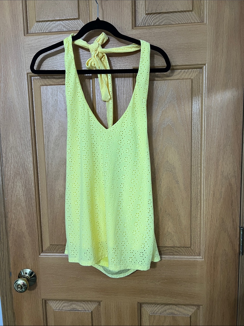 white birch Pale Yellow Eyelet Halter Tie Tank